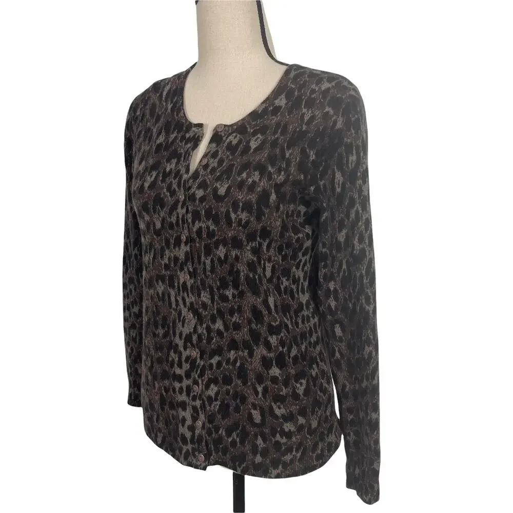 C by Bloomingdale's 2-Ply Cashmere Leopard Print Cardigan Size Small